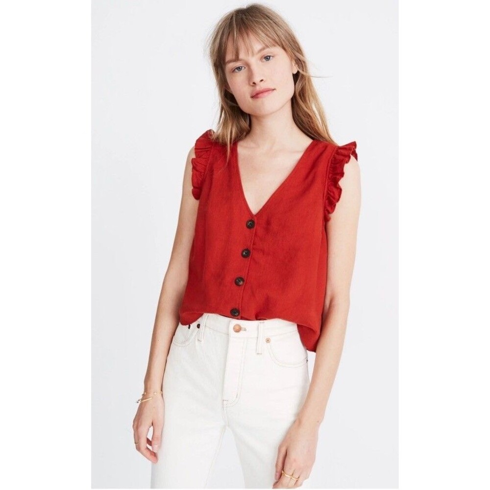 Madewell Women’s Tank Top Size 2 Linen-Blend Ruffle Button-Front Sleeveless Rust